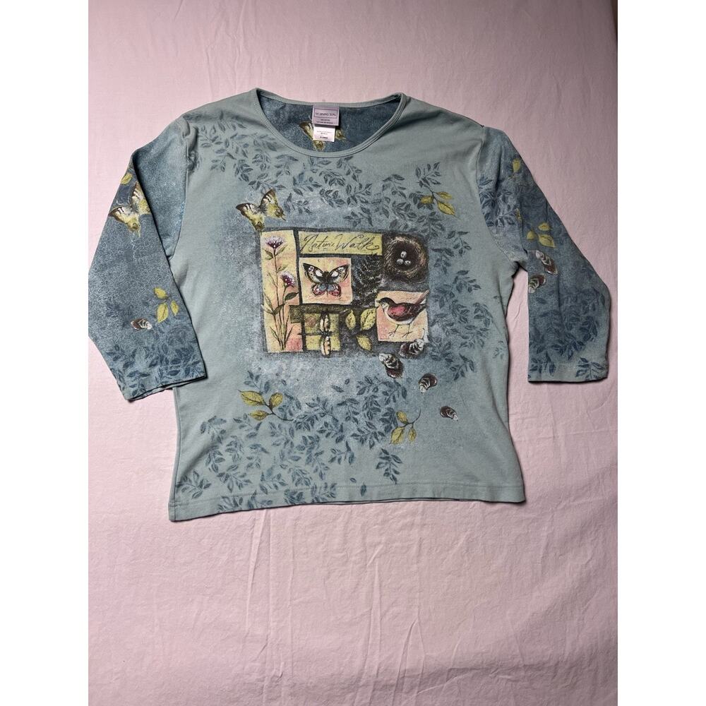 Morning Sun Nature Walk Graphic Shirt XL Cottage-core Bird Butterfly Print